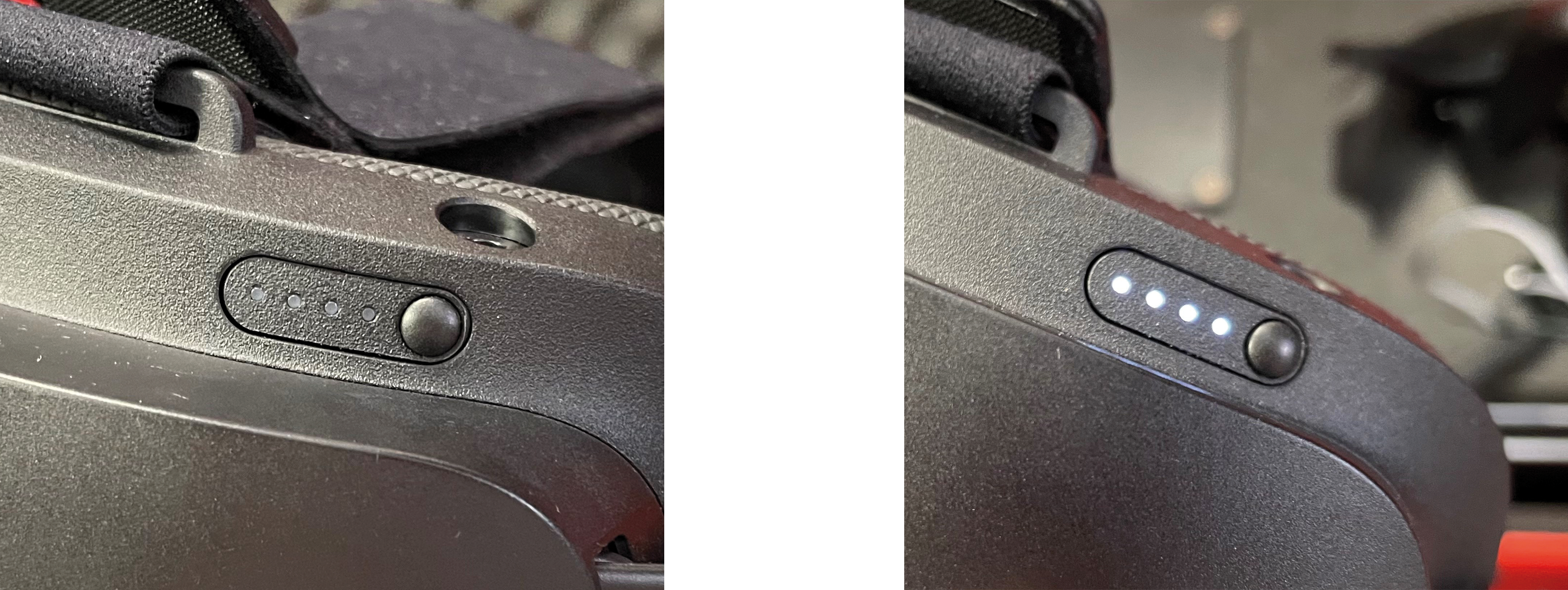  Widok przed i po włączeniu zasilania gogli VR. Widoczny świecący sygnalizator naładowania bateri