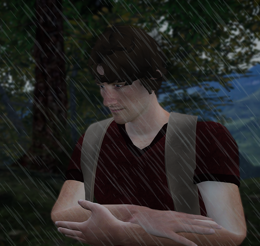 Mężczyzna, na kt&oacute;rego pada deszcz.