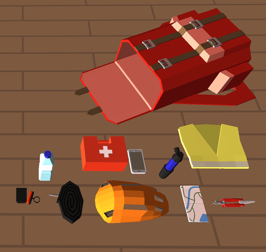 Plecak z porozrzucanym wyposażeniem na g&oacute;rską wyprawę.