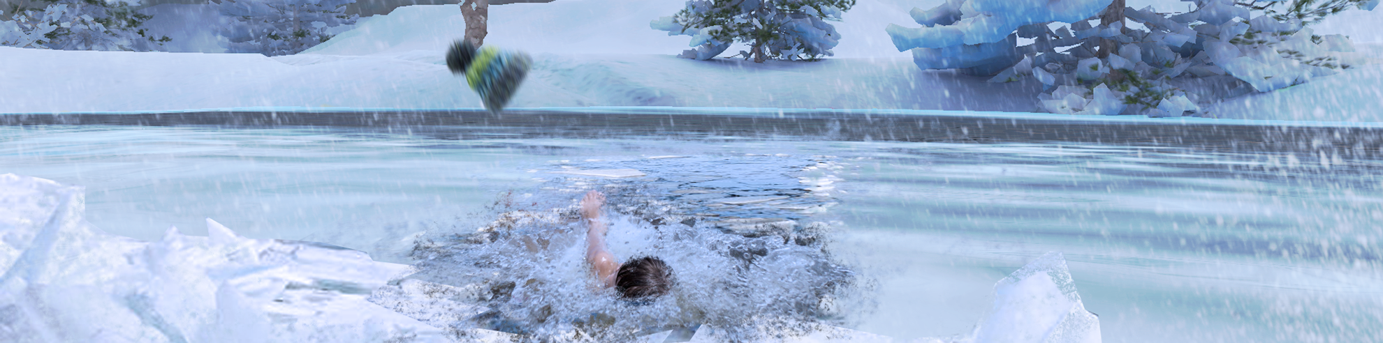 Wpadający do zamarzniętej wody chłopiec, pod kt&oacute;rym załamał się l&oacute;d.