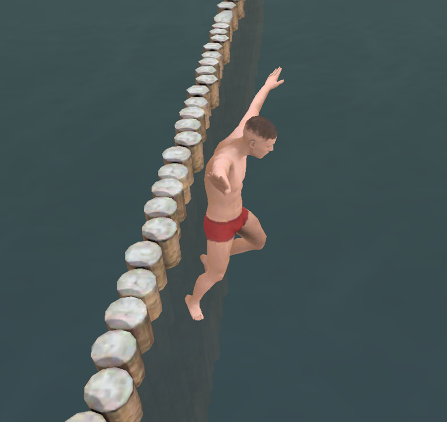 Mężczyzna skaczący do wody w niedozwolonym miejscu nad morzem.