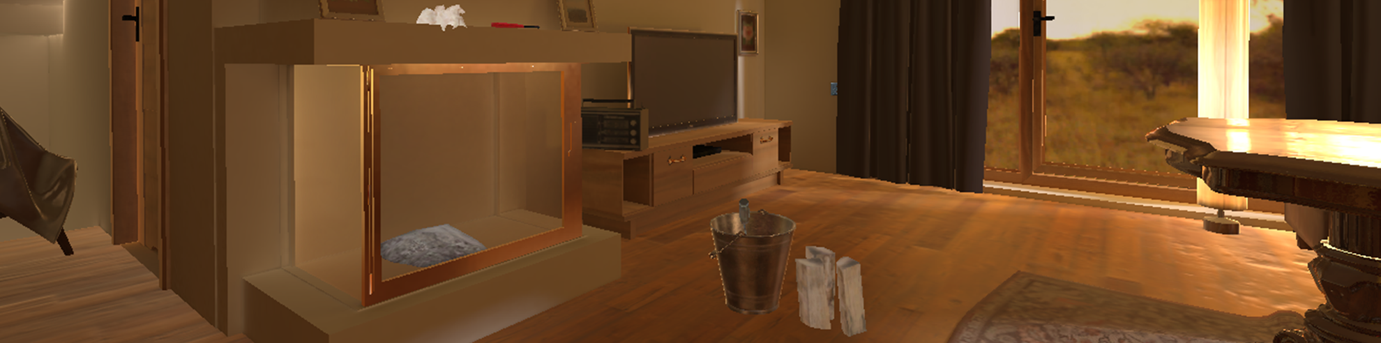 Kominek i leżące obok wiaderko na popiół oraz drewno na opał.