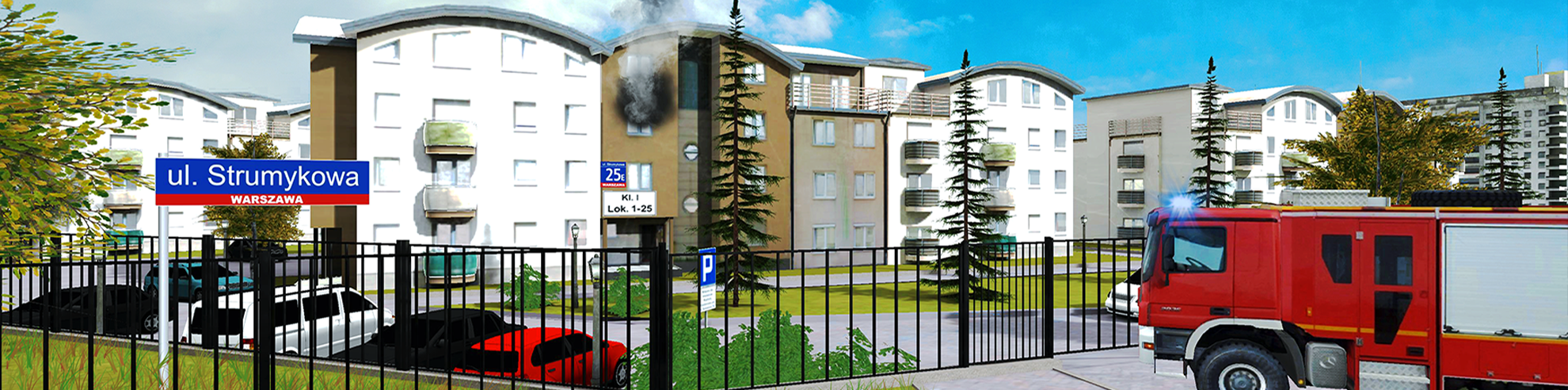 W&oacute;z strażacki, kt&oacute;ry nie może wjechać na zamknięte osiedle.