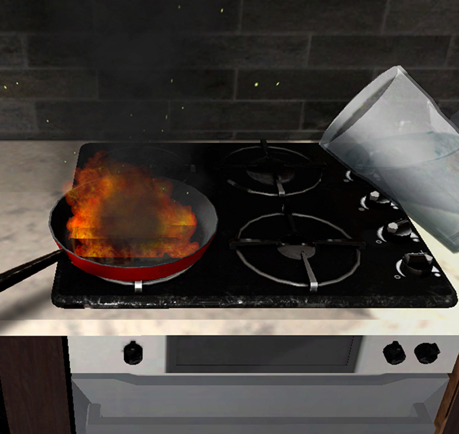 Paląca się patelnia na kuchence gazowej i bezskuteczna próba ugaszenia jej wodą.