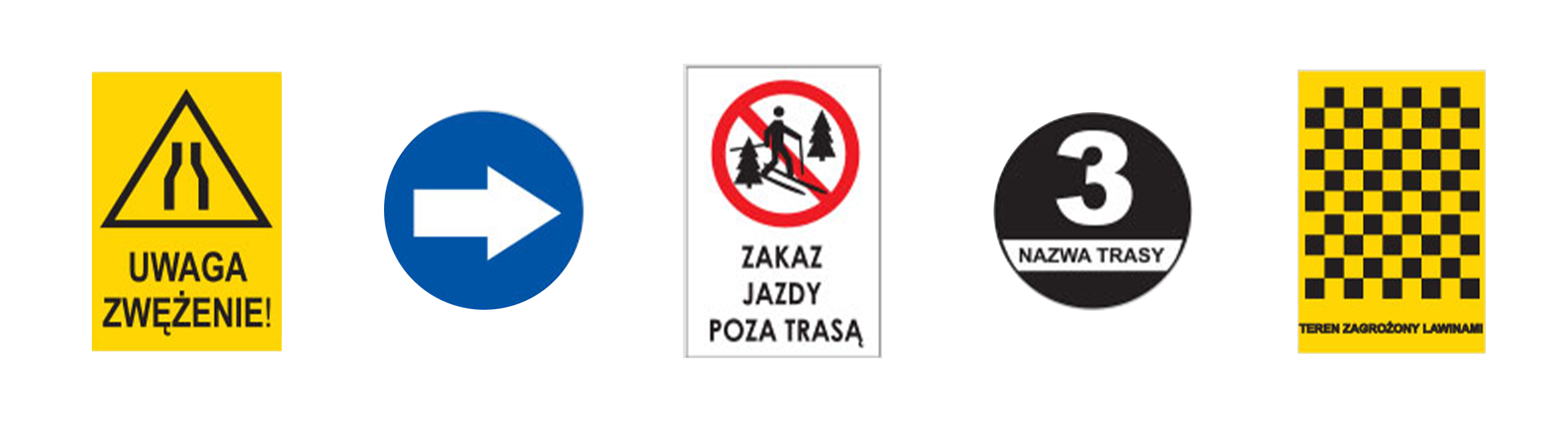 Znaki informujące o zagrożeniu lawinowym.