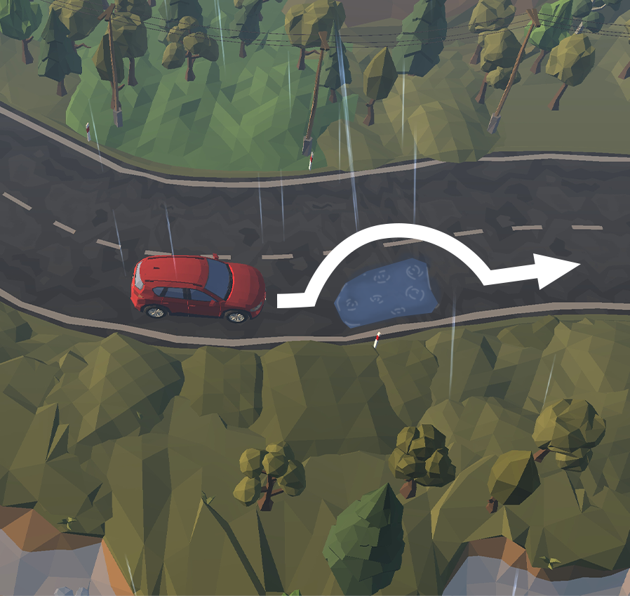 Obrazek pokazujący w jaki spos&oacute;b poprawnie ominąć kałużę na drodze.