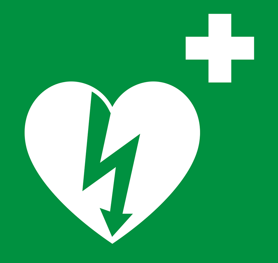 Obrazek wskazujący umiejscowienie defibrylatora AED.